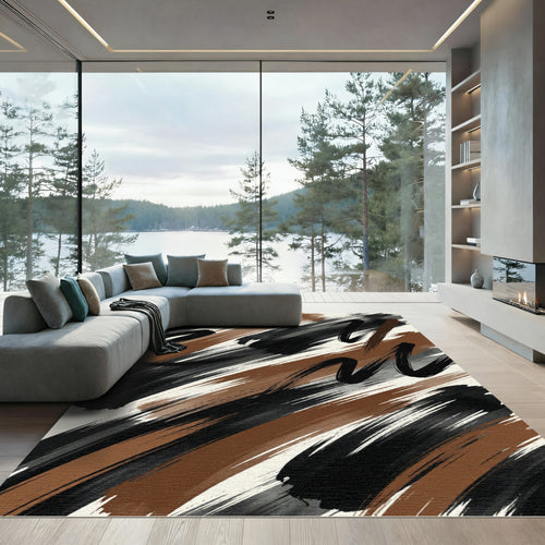 Abstract Black and Brown Brush Stroke Rug