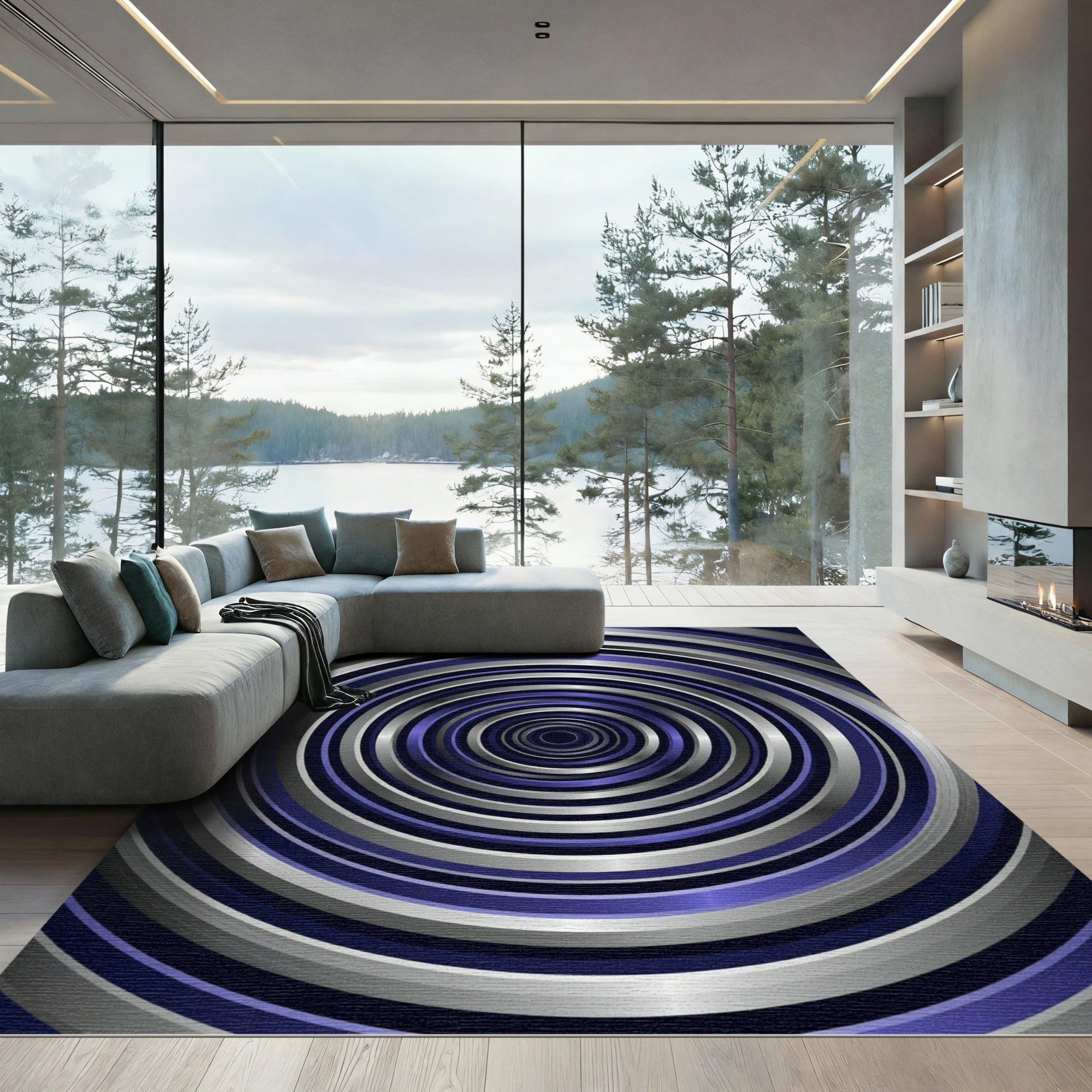 Modern Metallic Blue Concentric Circle Rug