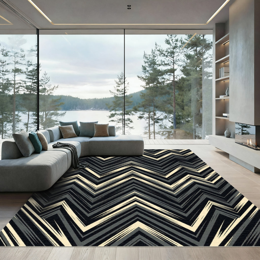 Modern Monochrome Chevron Zigzag Geometric Rug