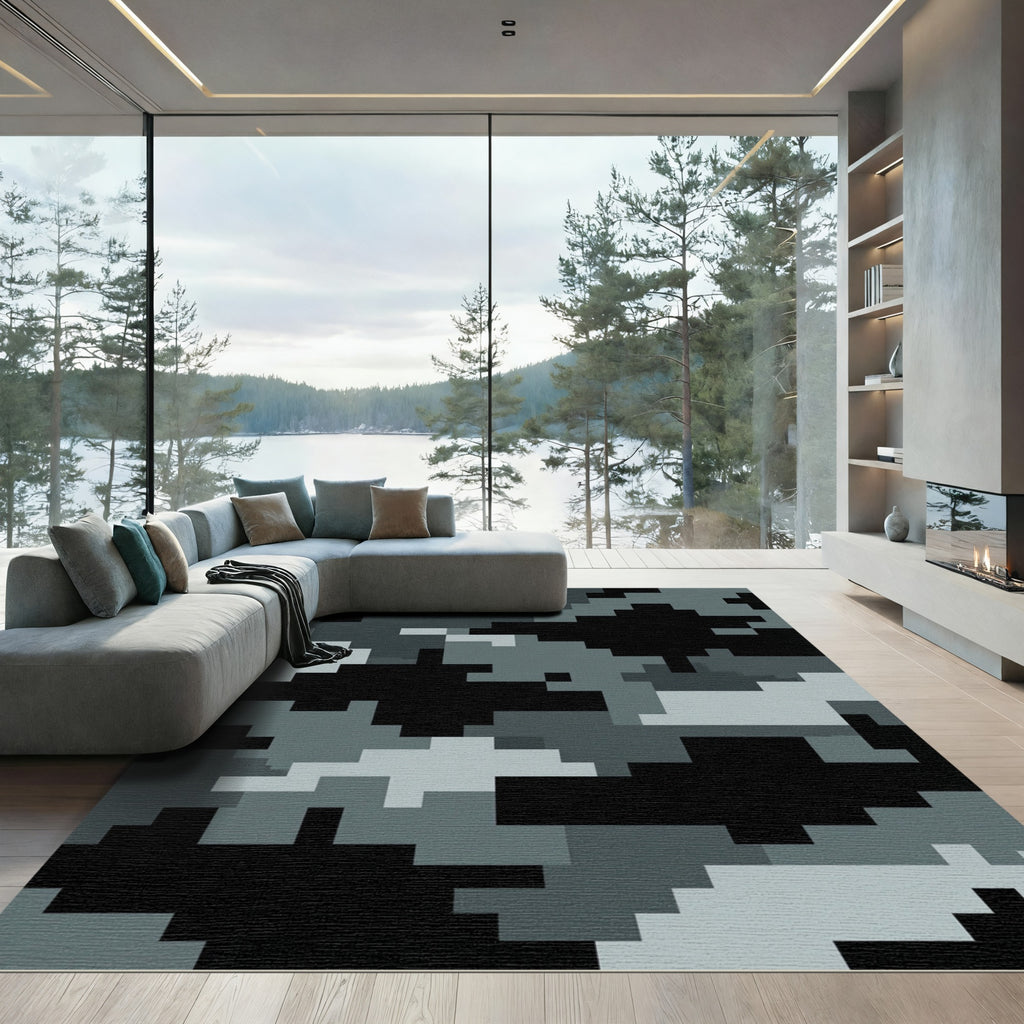 Modern Gray Pixelated Urban Camouflage Rug