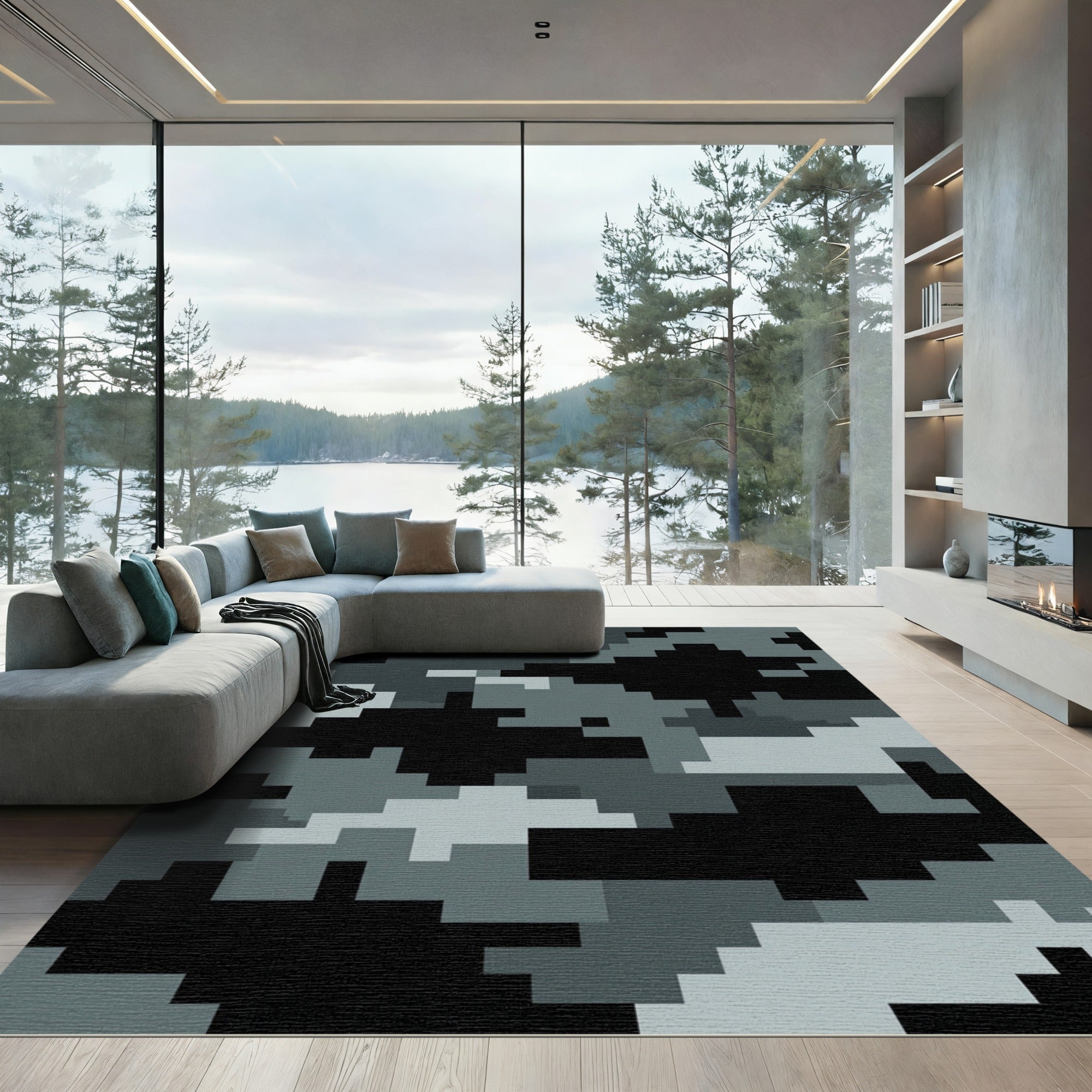 Modern Gray Pixelated Urban Camouflage Rug