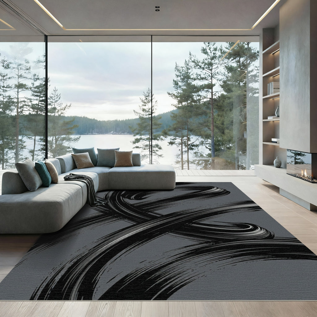 Charcoal Black Swirl Abstract Rug
