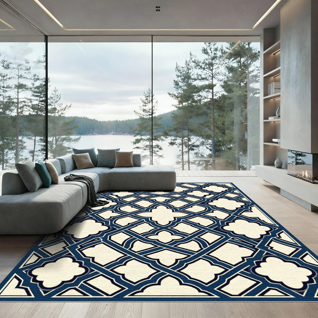 Navy Blue Interlaced Quatrefoil Geometric Tile Rug