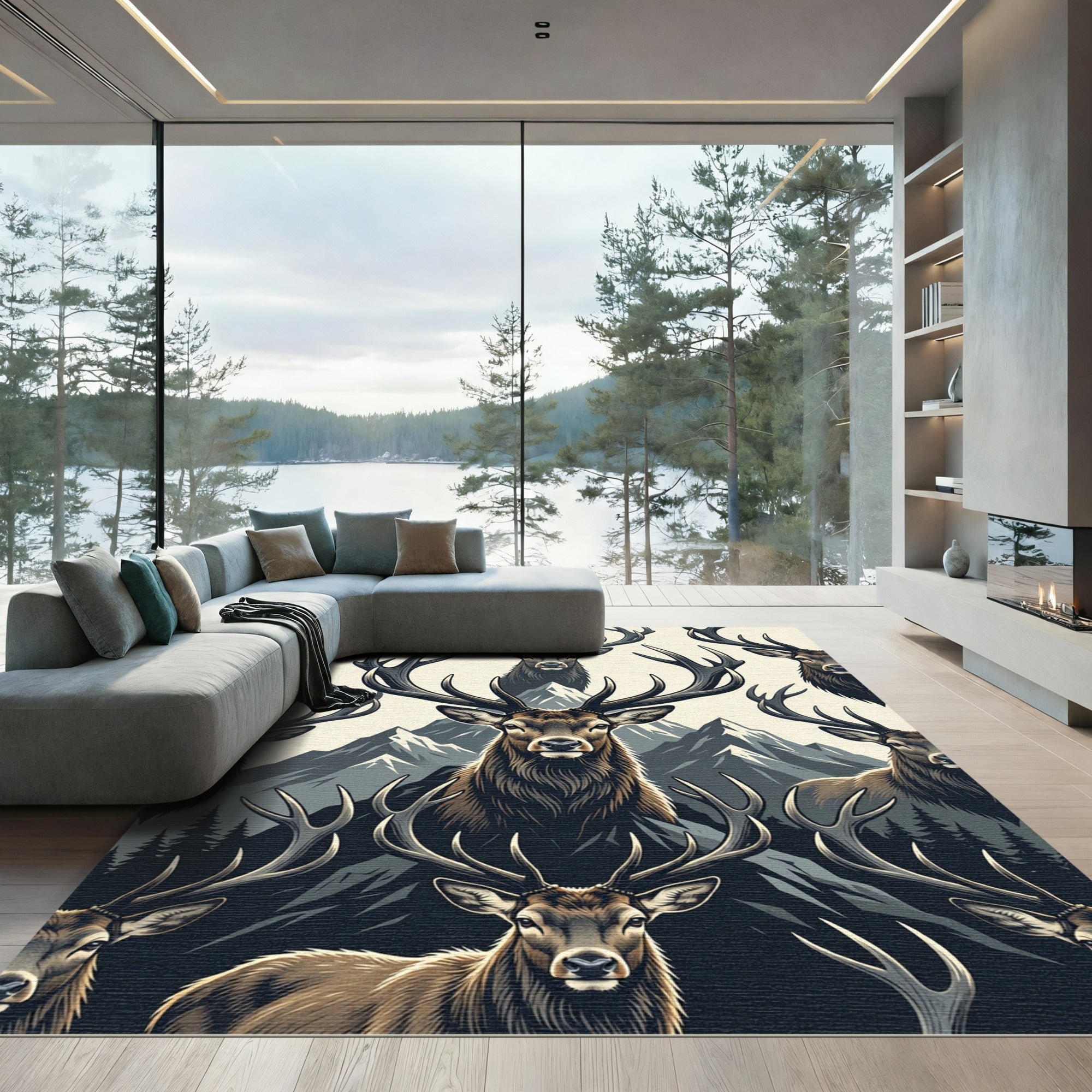 Majestic Forest Stag Mountain Silhouette Rug