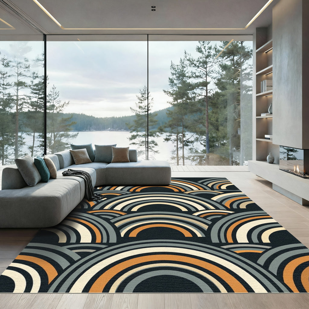 Retro Orange Grey Rainbow Waves Rug