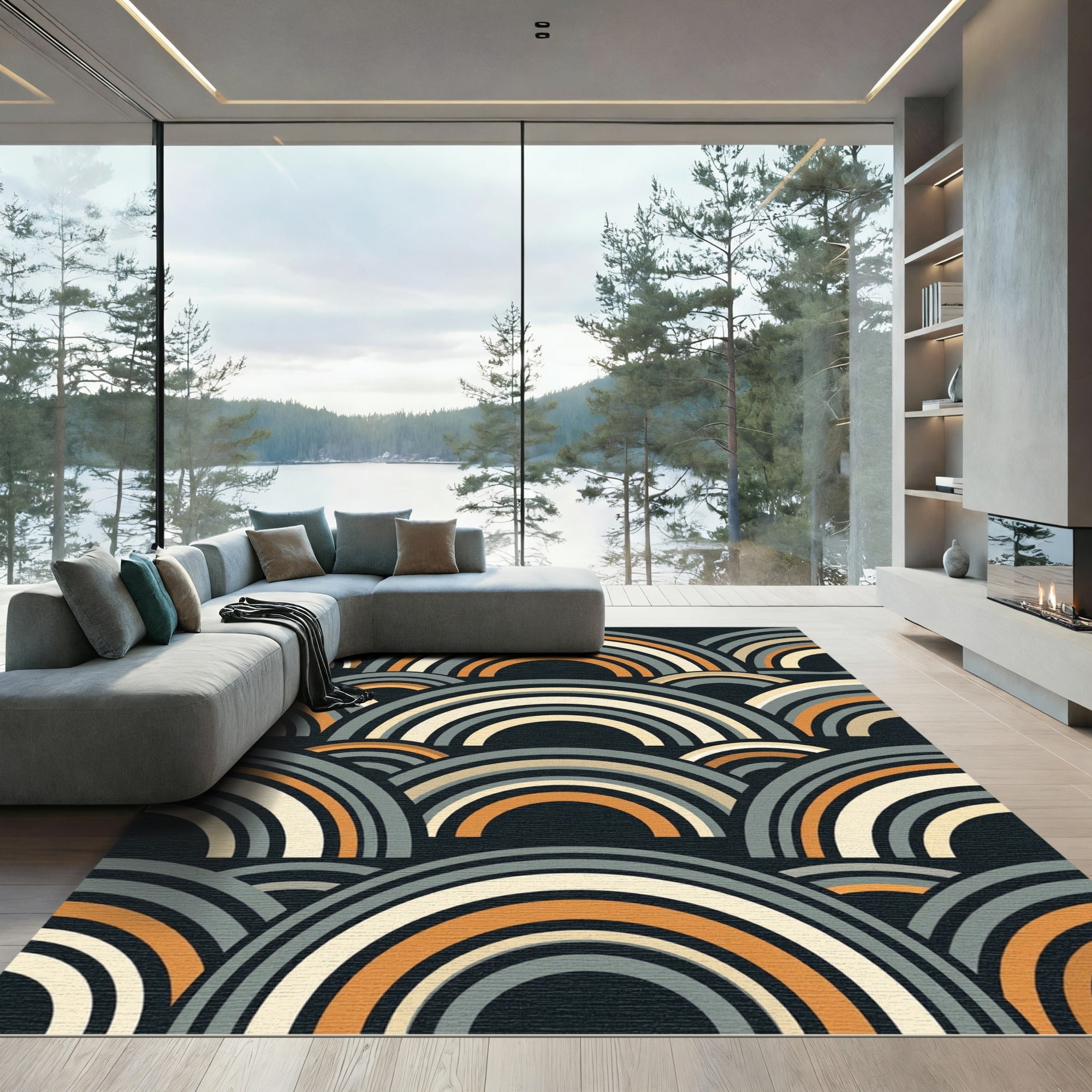 Retro Orange Grey Rainbow Waves Rug