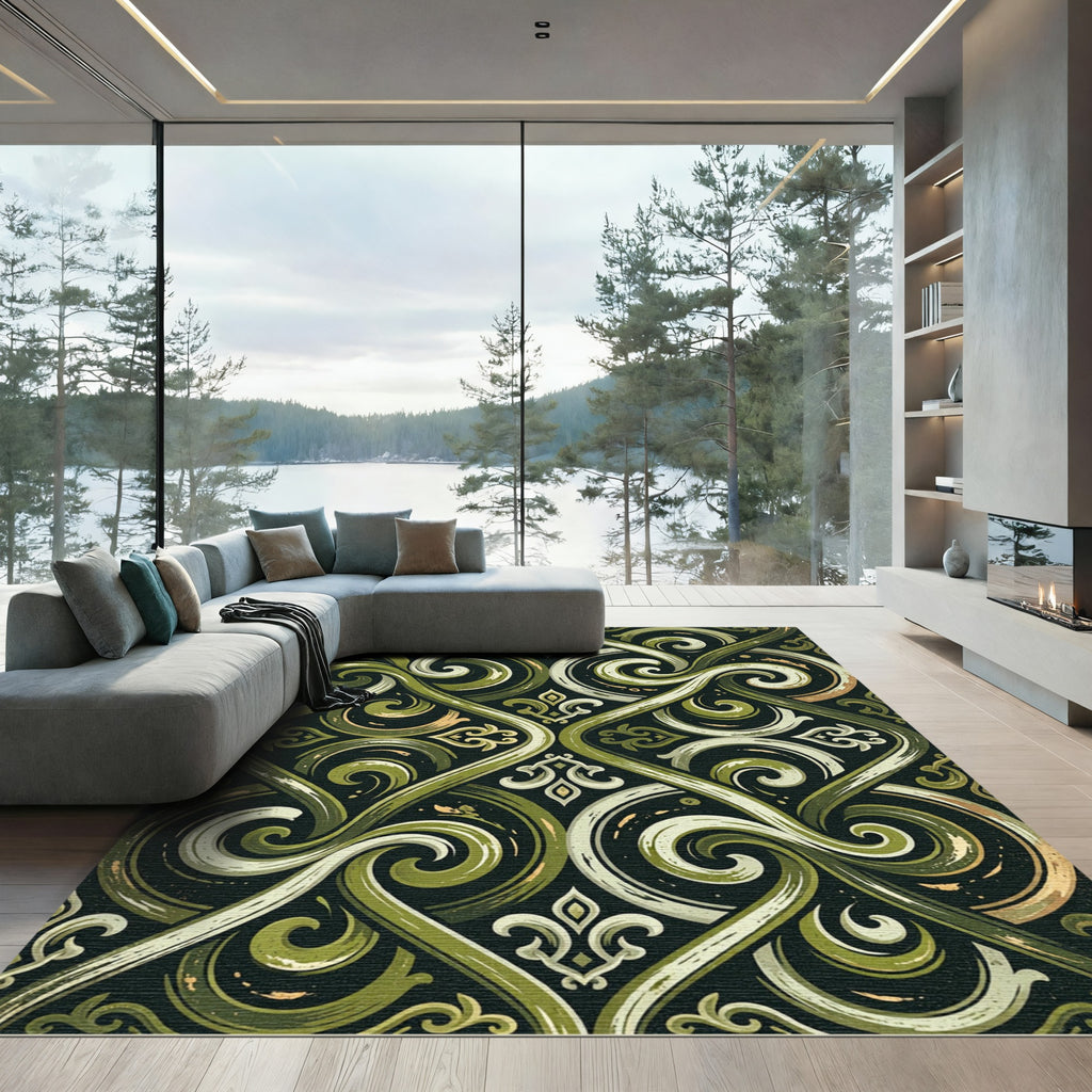 Olive Green Scrolling Damask Swirl Rug