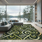 Olive Green Scrolling Damask Swirl Rug