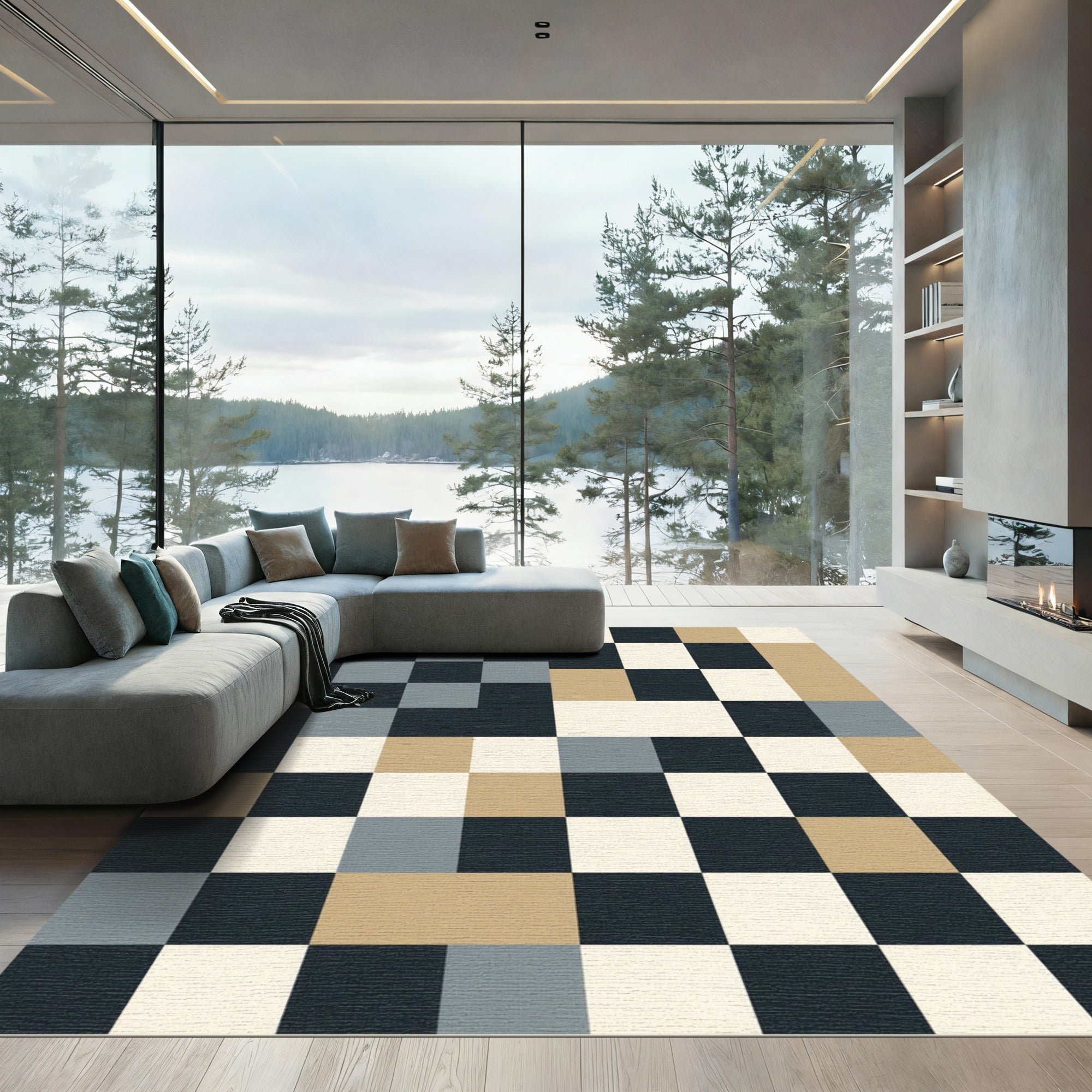 Chic Beige Black Gray Checkerboard Rug