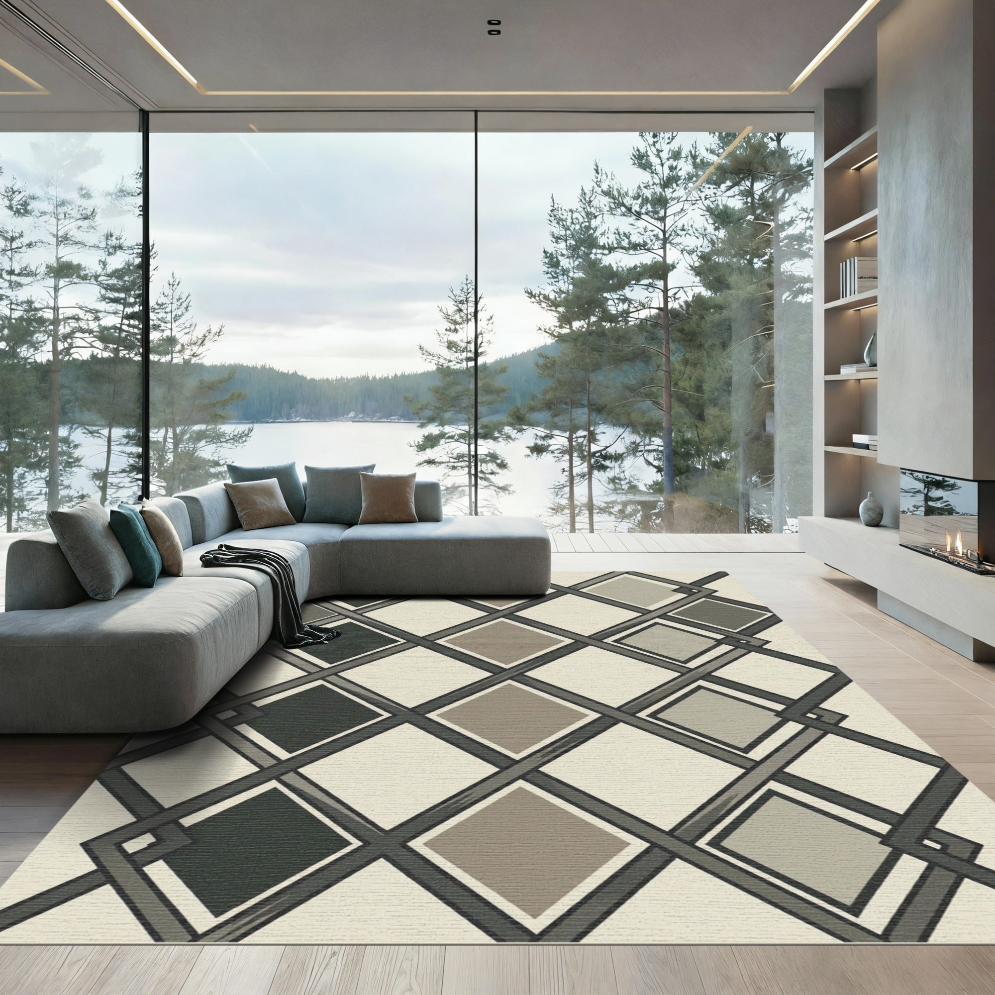 Sophisticated Gray Geometric Intersecting Diamond Rug