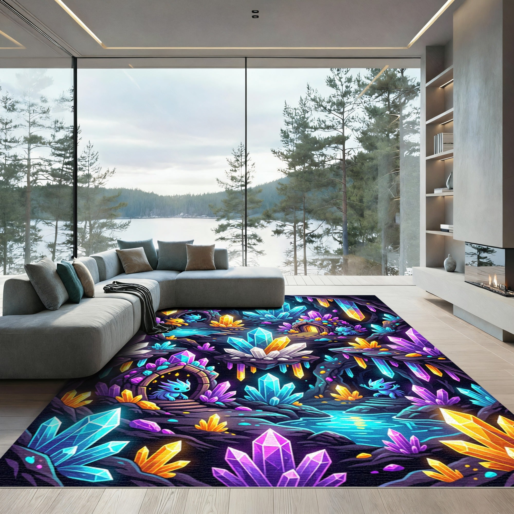 Glowing Crystal Cave Neon Whimsical Art Rug