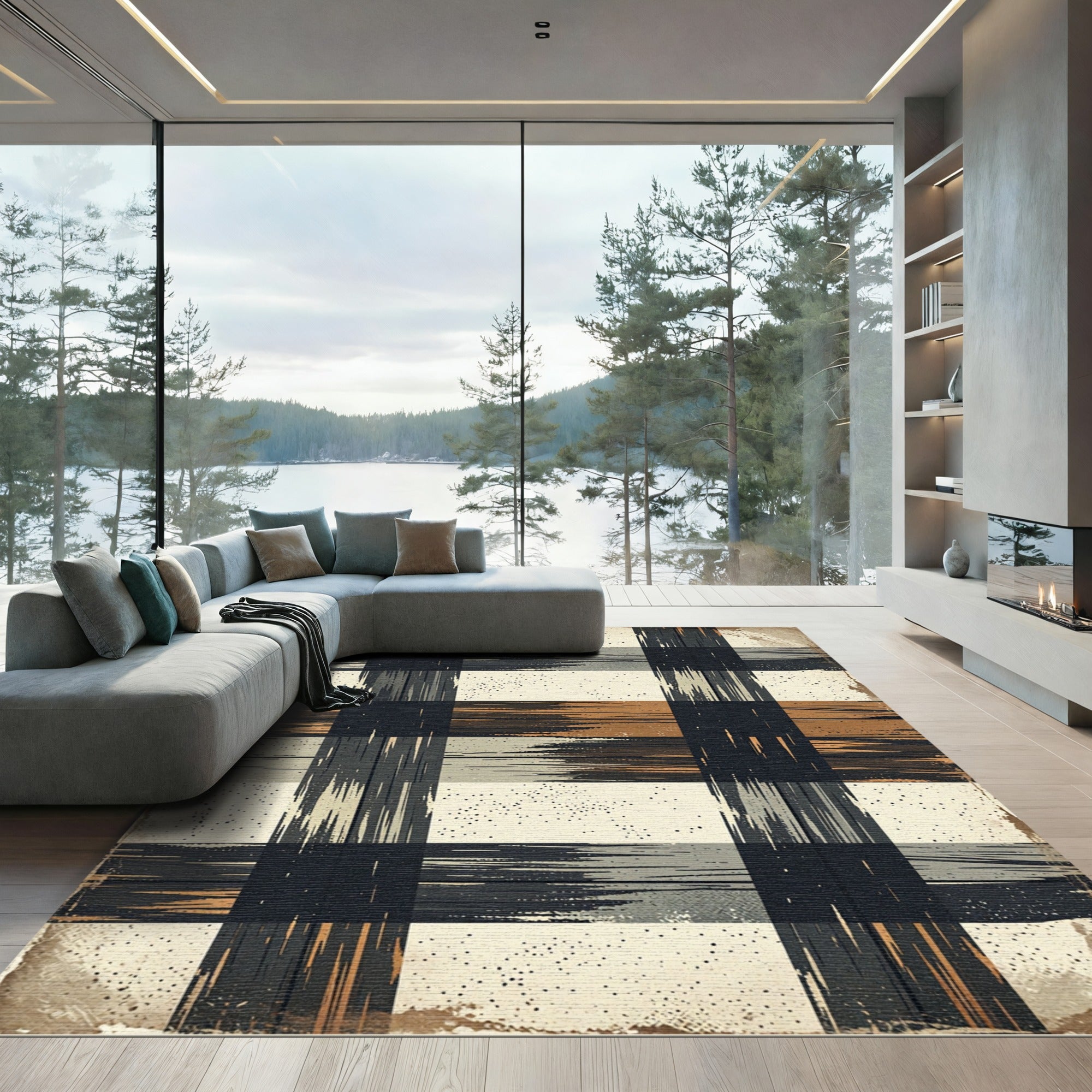Rustic Black and Brown Plaid Rug