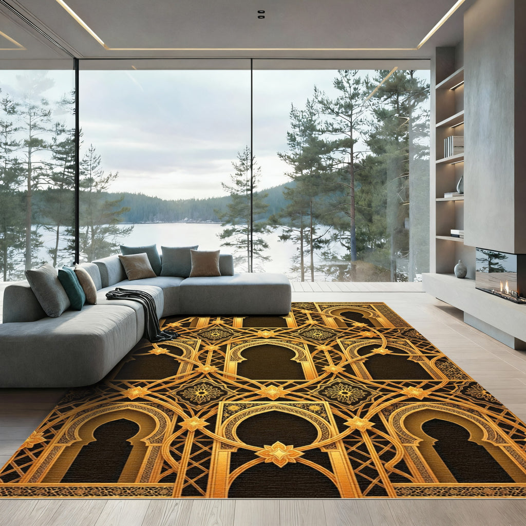 Ornate Golden Filigree Architectural Arch Rug