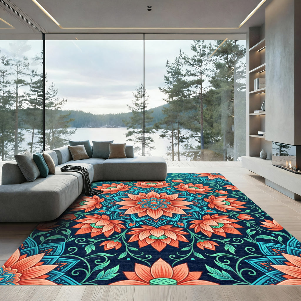 Coral Lotus Mandala Blue Medallion Harmony Rug