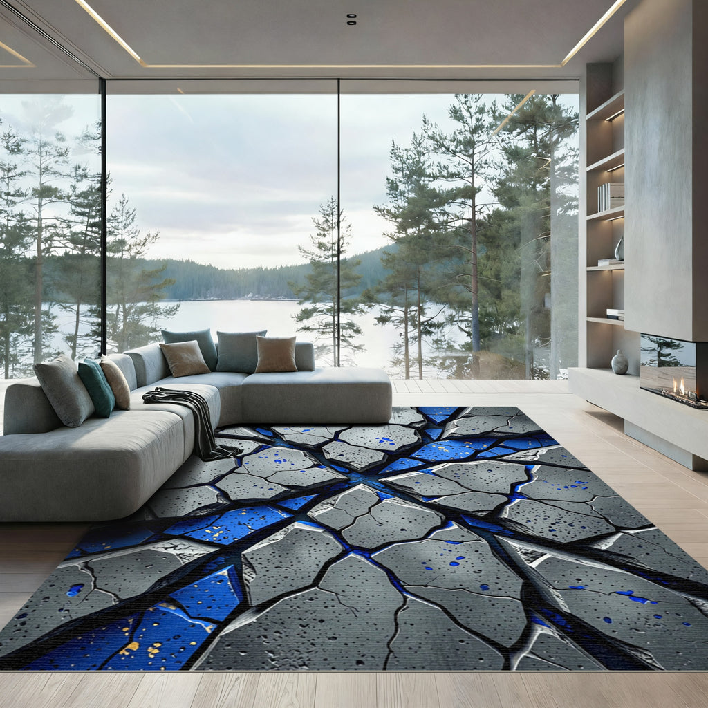 Cracked Slate Blue Geometric Shatter Rug
