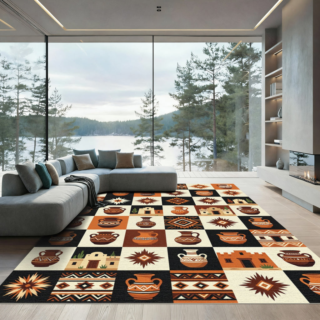 Terracotta Clay Pottery Southwestern Patchwork Rug