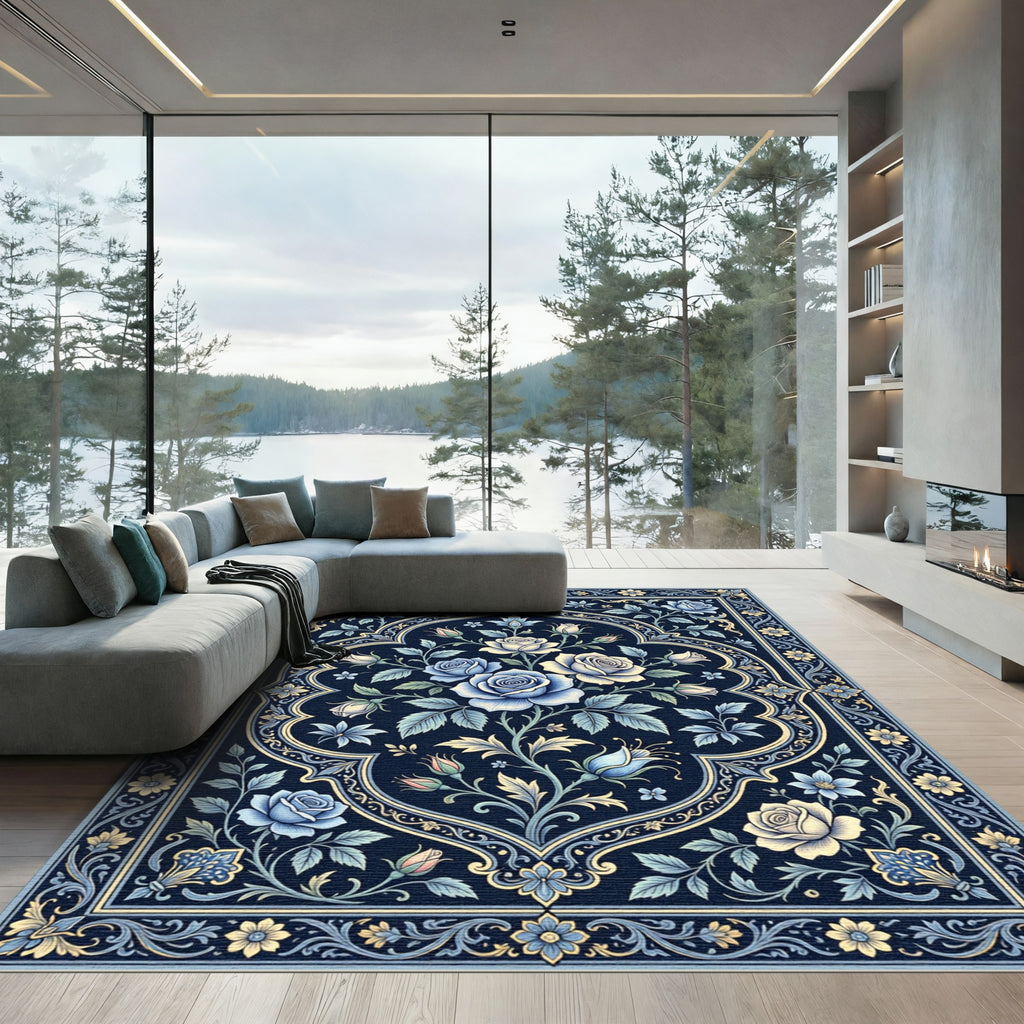 Elegant Blue Floral Medallion Rose Rug
