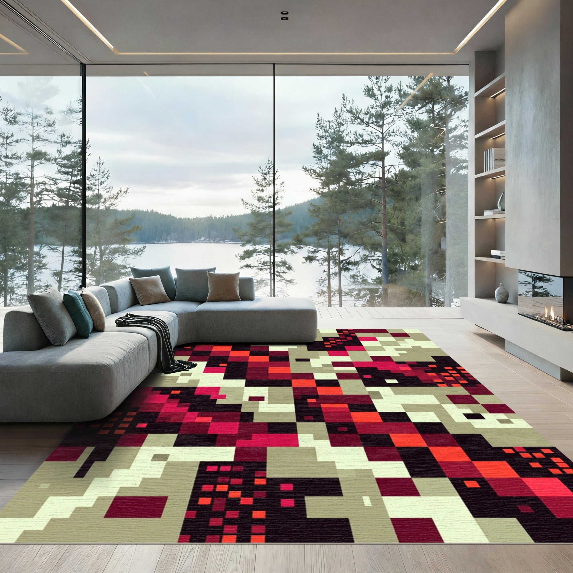 Pixelated Red Crimson Geometric Abstract Rug