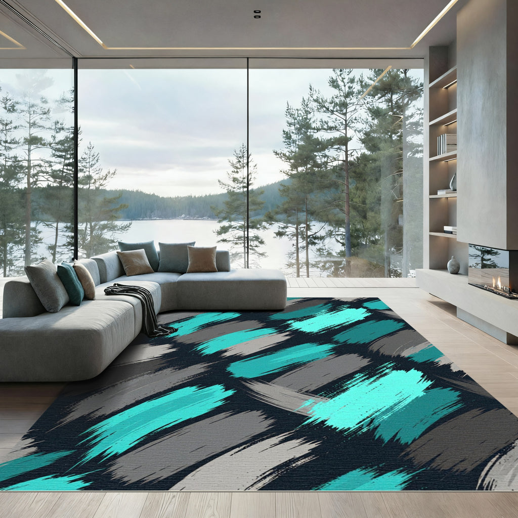 Deep Teal Gray Brush Strokes Rug
