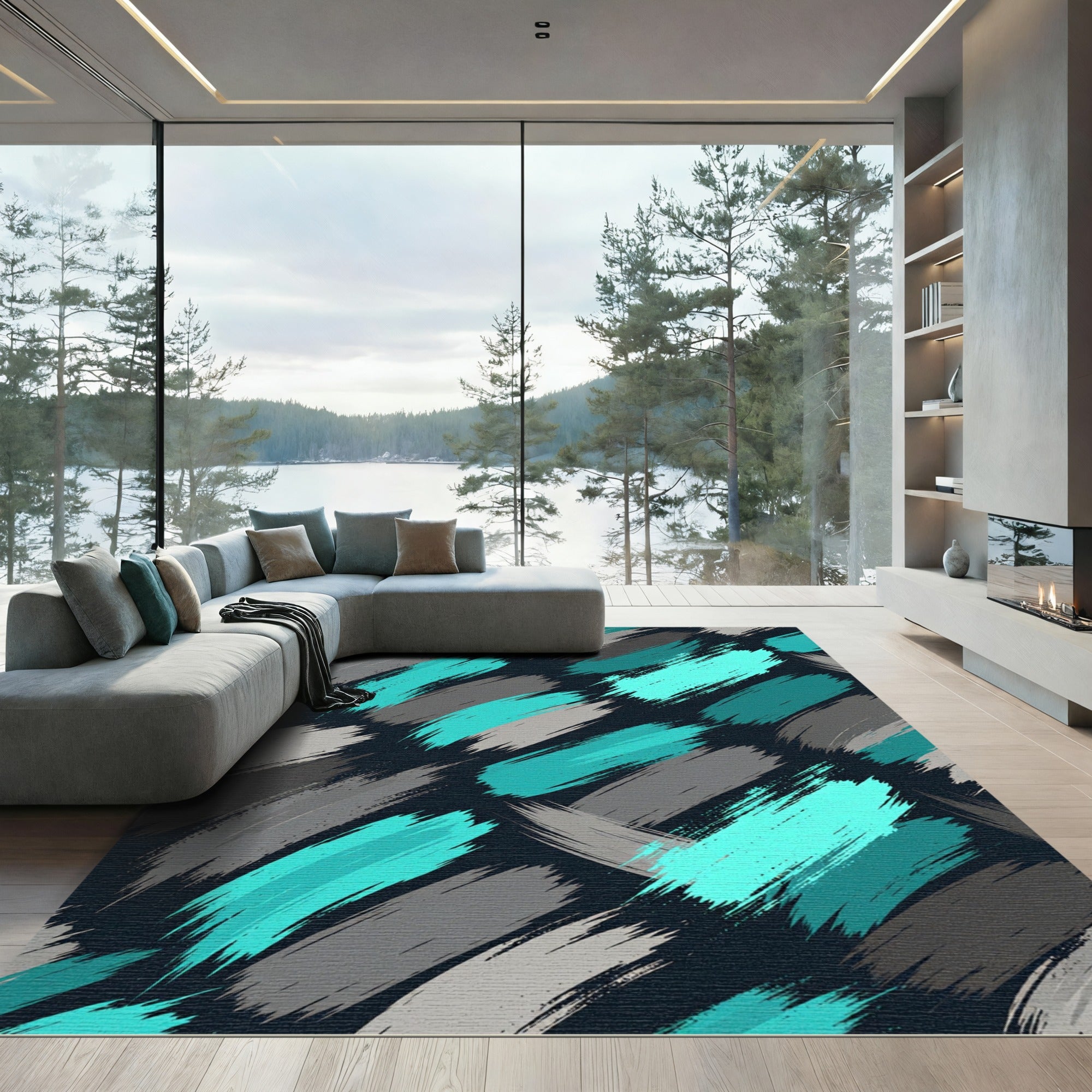 Deep Teal Gray Brush Strokes Rug