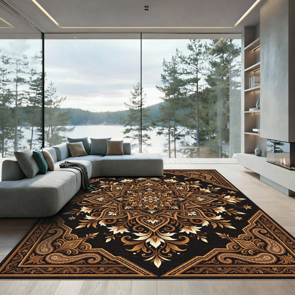 Ornate Golden Floral Black Damask Rug