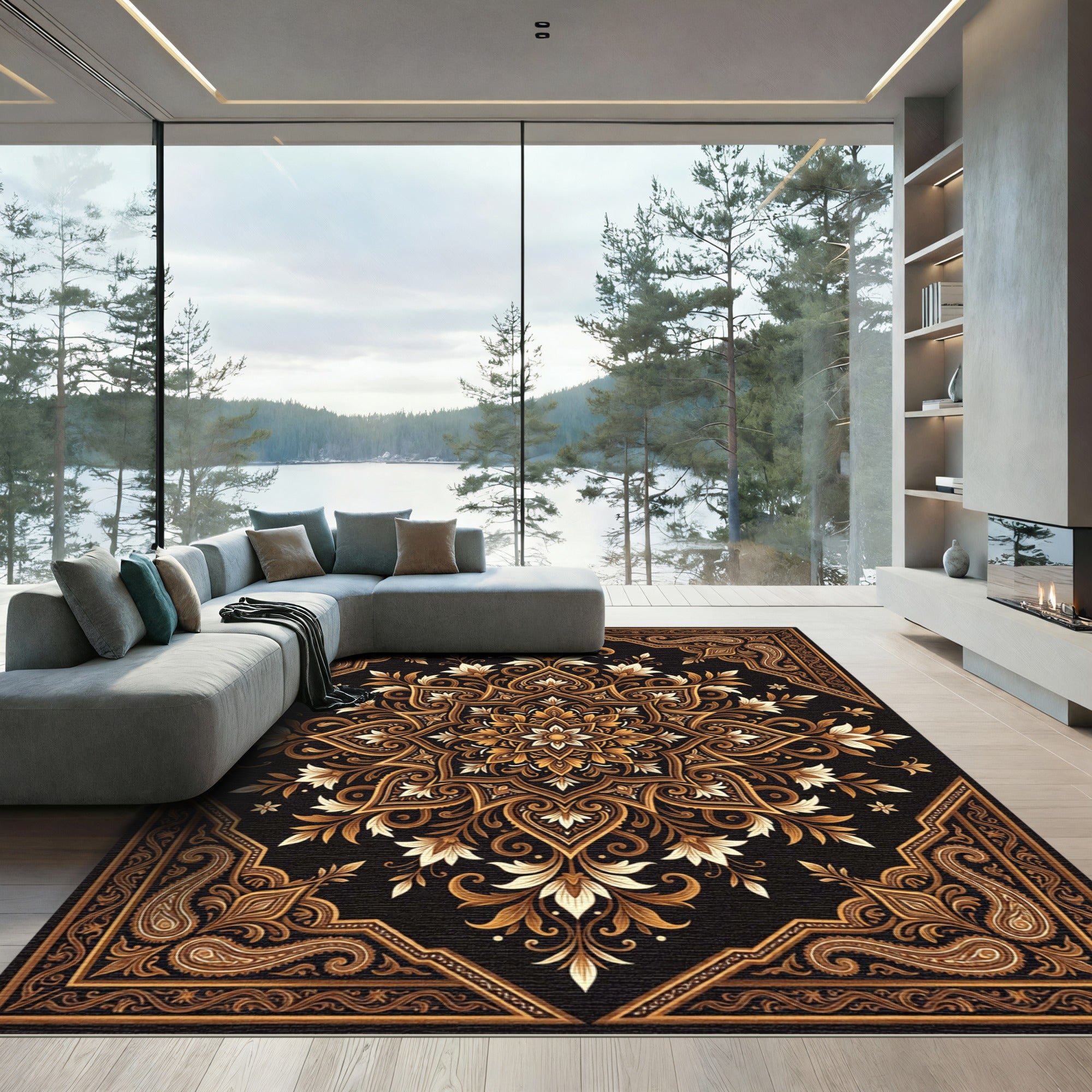 Ornate Golden Floral Black Damask Rug