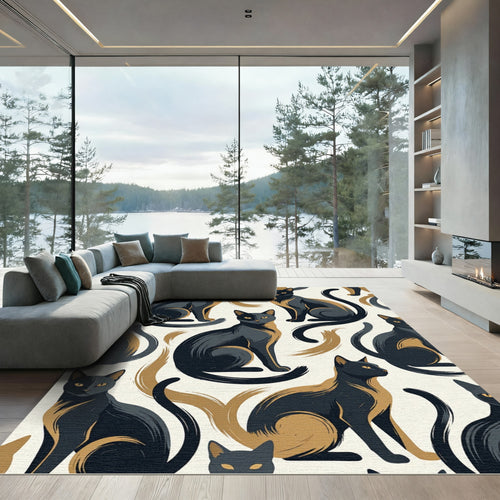 Black And Tan Feline Swirls Rug