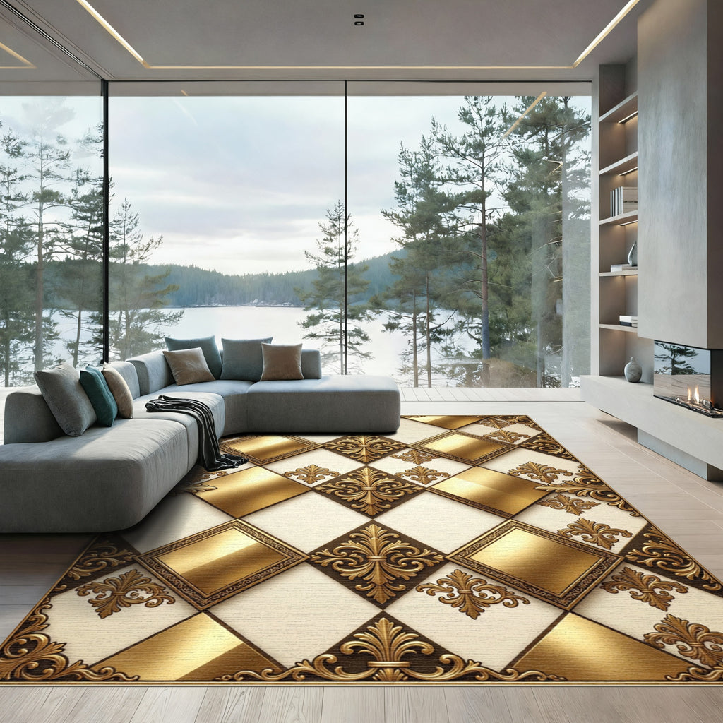 Ornate Gold Diamond Scrollwork Rug