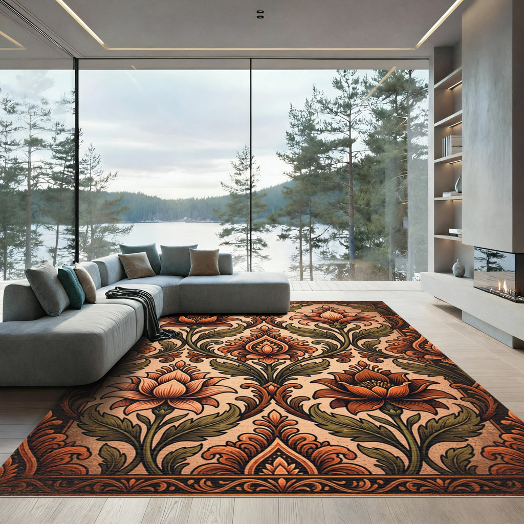 Ornate Terracotta Floral Damask Rug