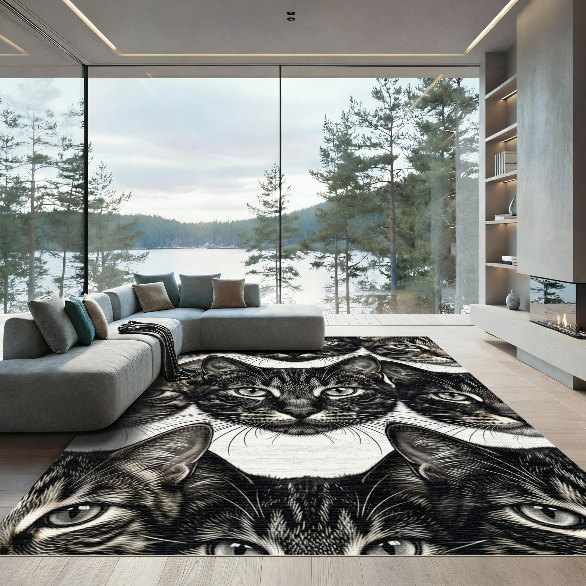 Monochromatic Feline Face Collage Rug