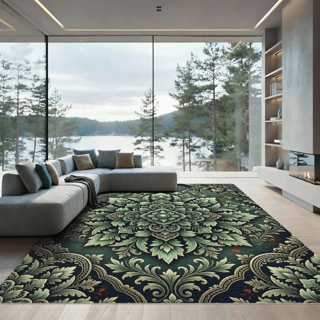Elegant Sage Green Damask Ornate Medallion Rug