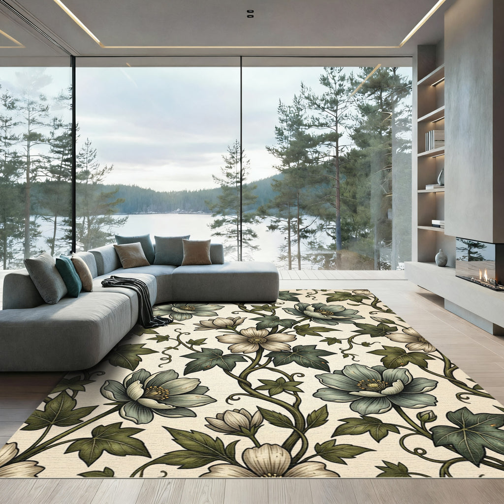 Sage Botanical Ivy Flower Vine Illustration Rug
