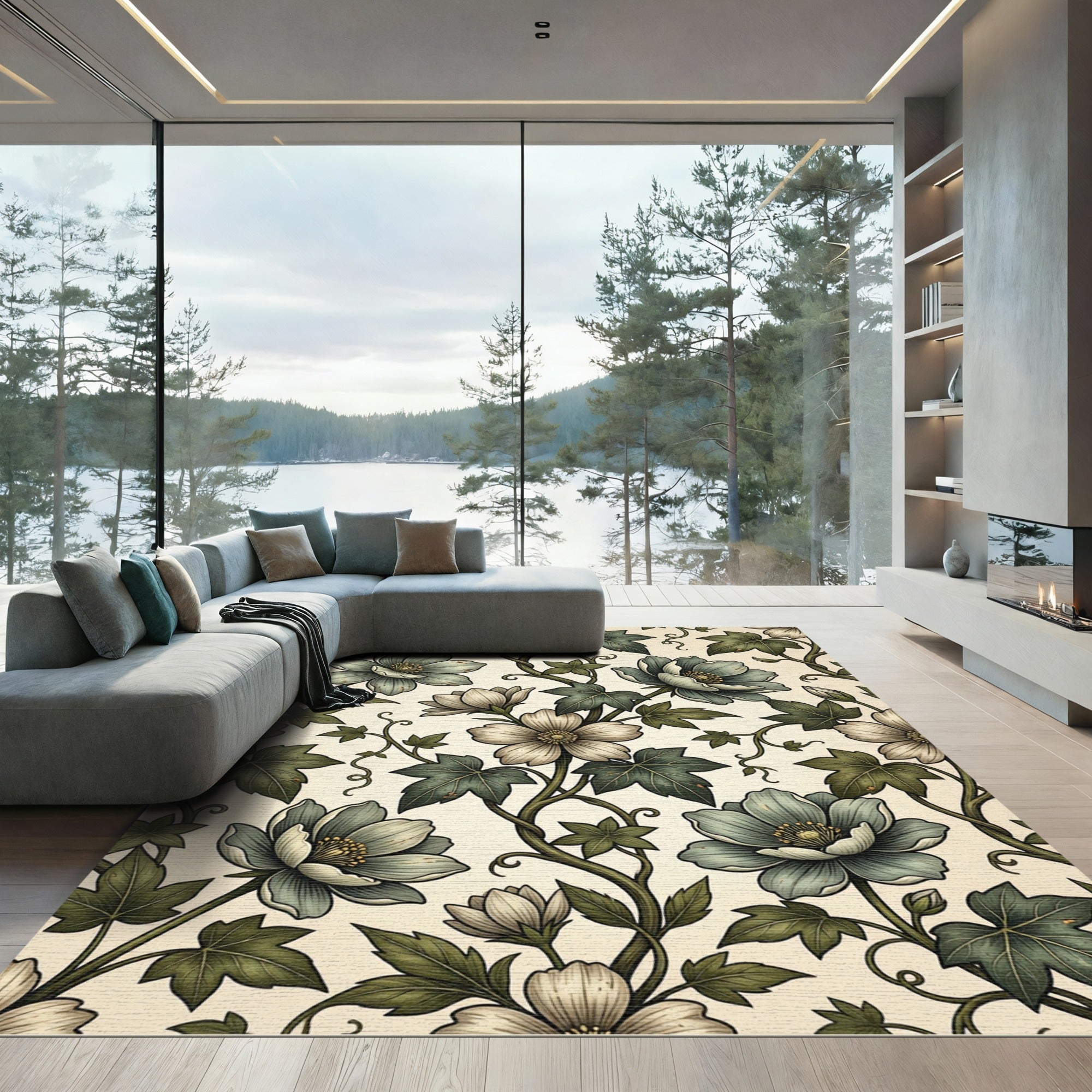 Sage Botanical Ivy Flower Vine Illustration Rug