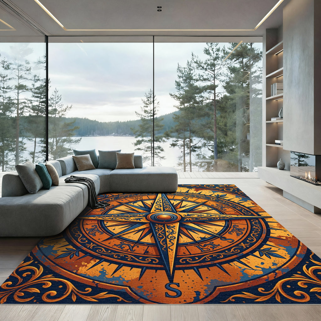 Nautical Orange Blue Compass Rose Rug