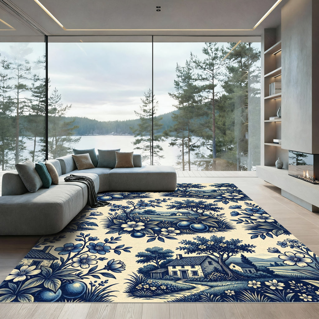 Blue Toile Countryside Landscape Floral Rug