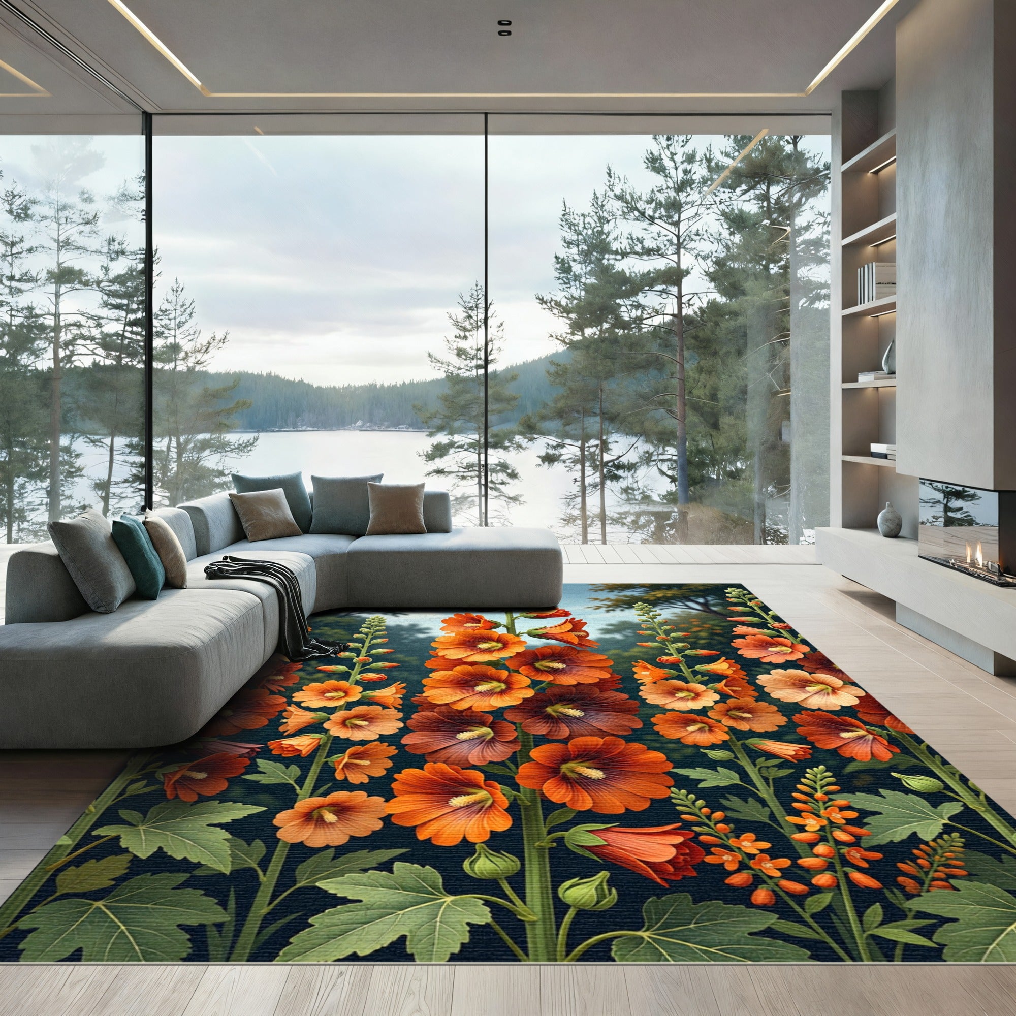 Vibrant Orange Hollyhock Botanical Garden Rug