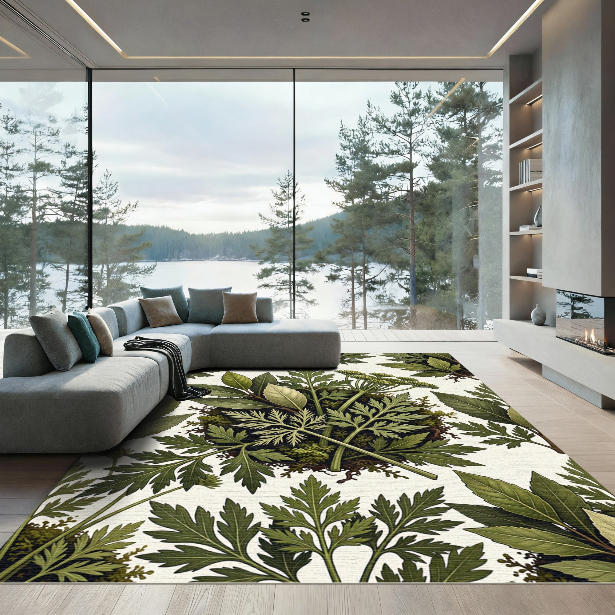 Green Botanical Leaf Cluster Rug