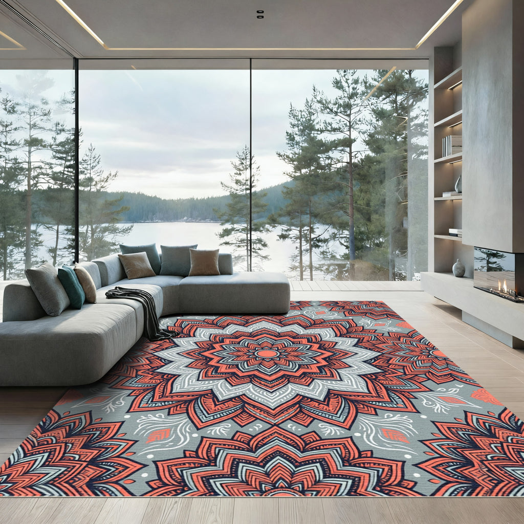 Coral Mandala Gray Background Rug