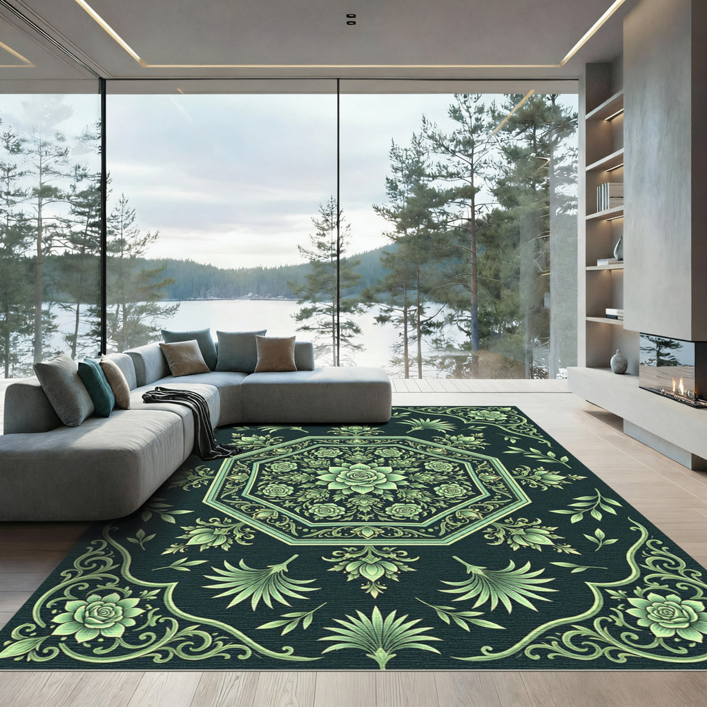 Emerald Green Floral Octagon Crest Rug