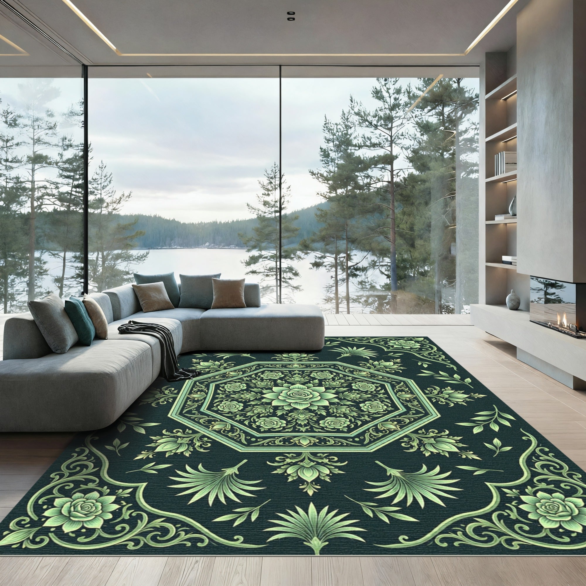 Emerald Green Floral Octagon Crest Rug