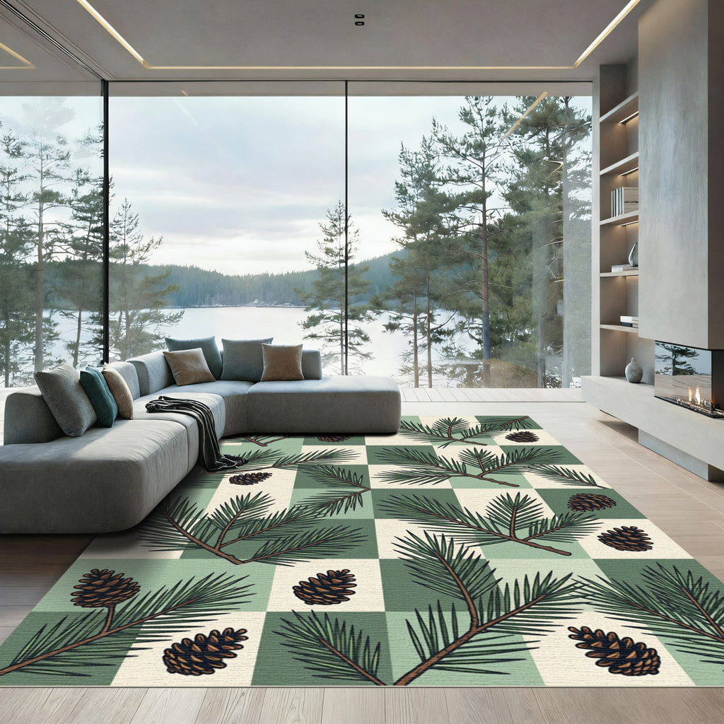 Sage Green Checkerboard Pine Cone Rug