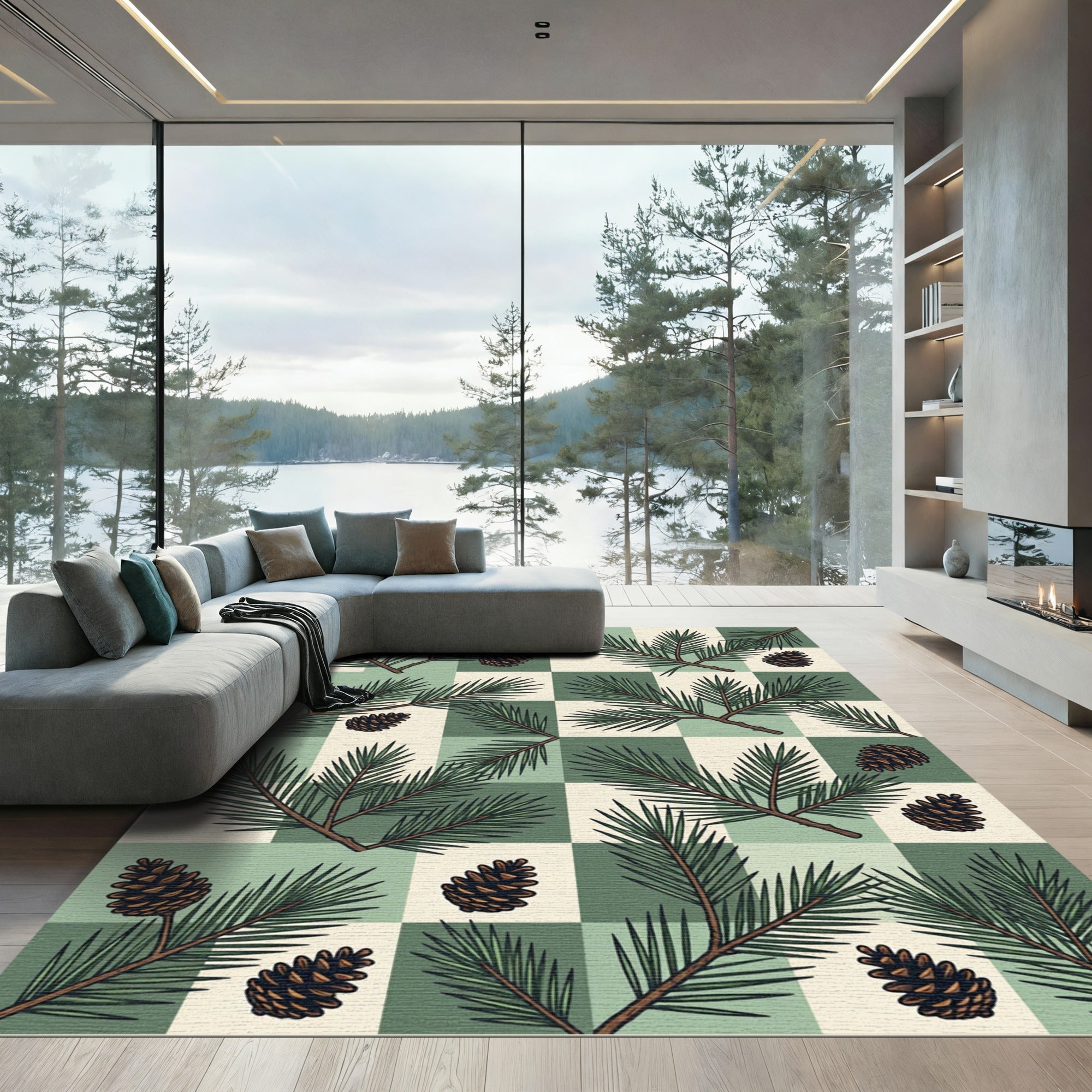 Sage Green Checkerboard Pine Cone Rug