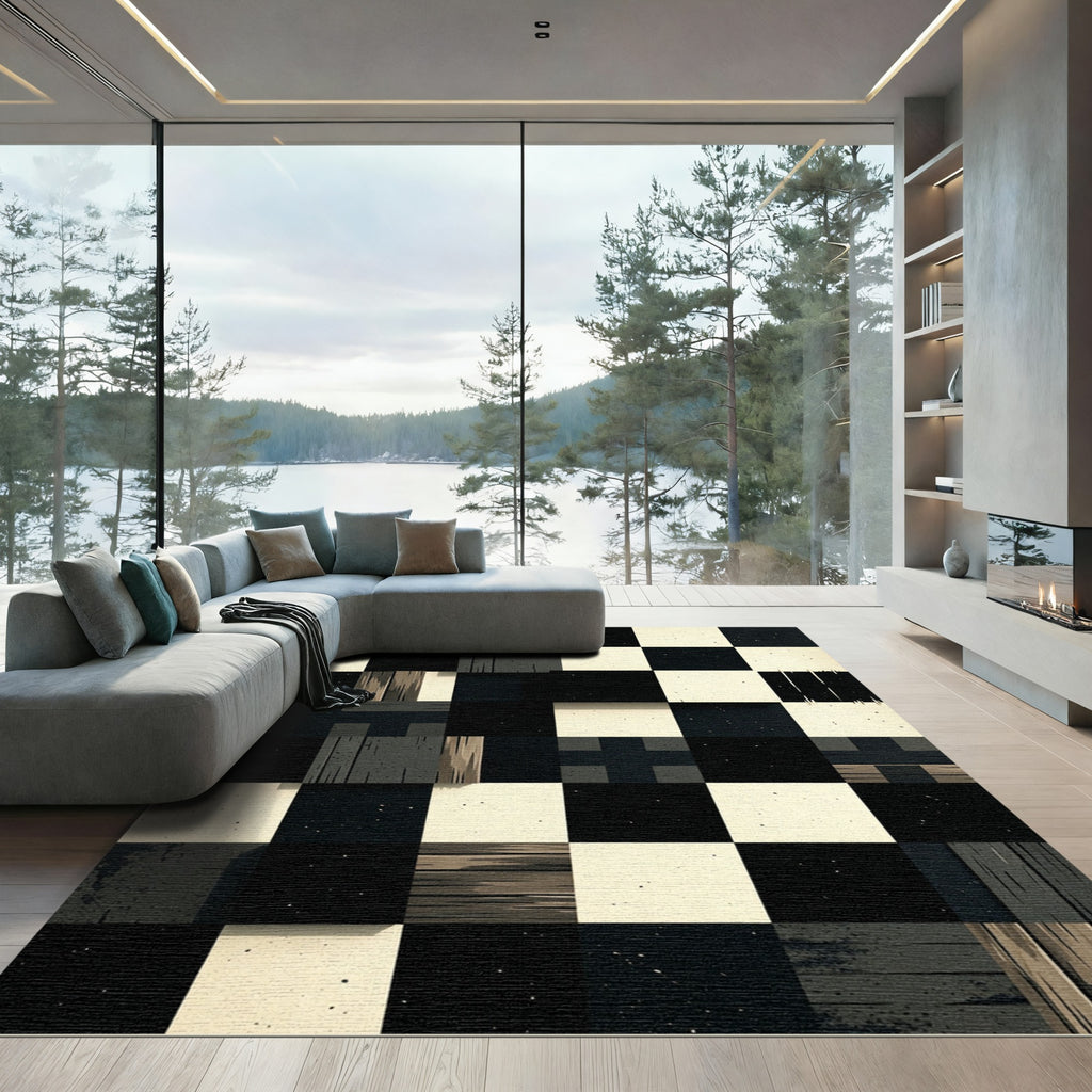 Monochromatic Textured Geometric Checkered Grid Rug