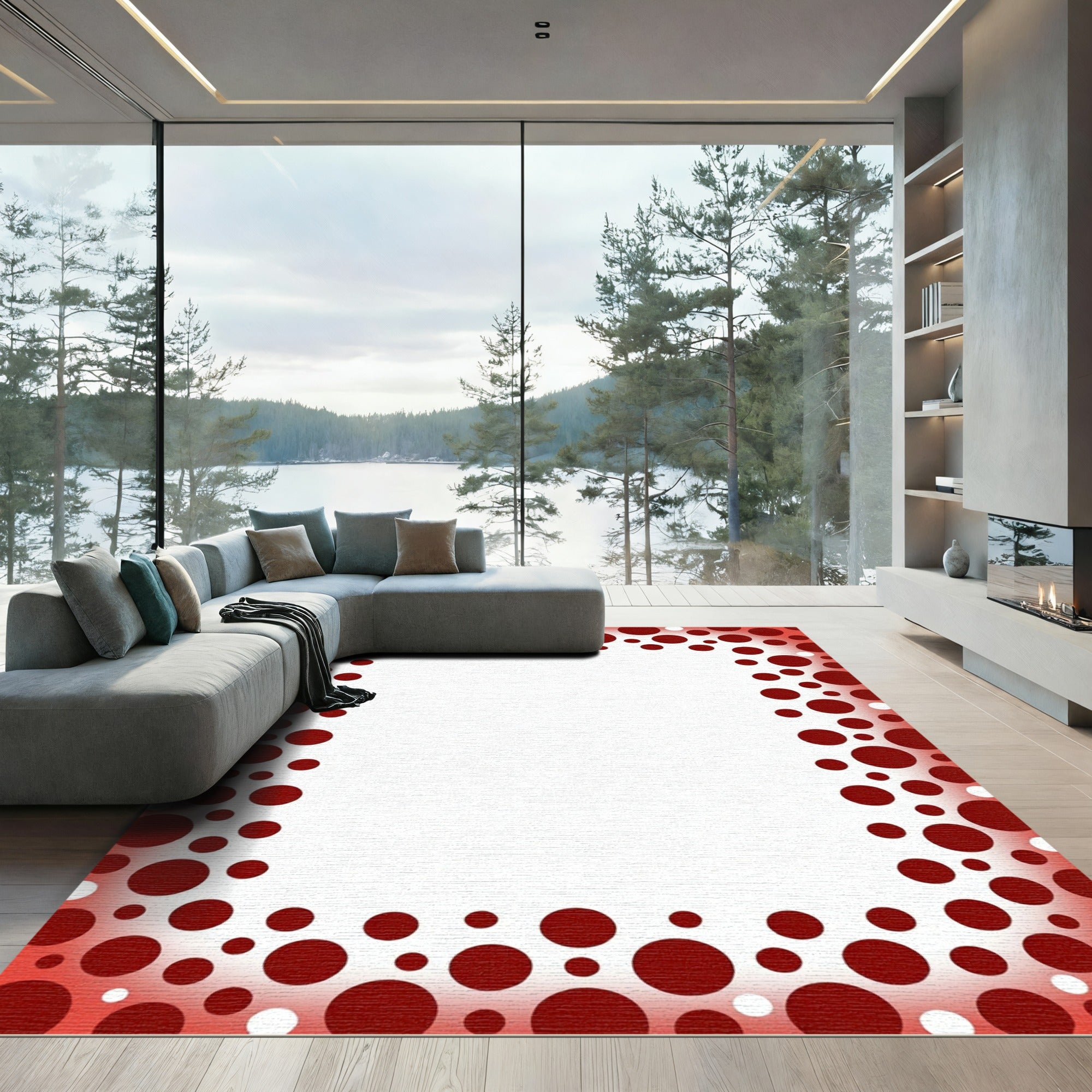 Bold Crimson Polka Dot Border Rug
