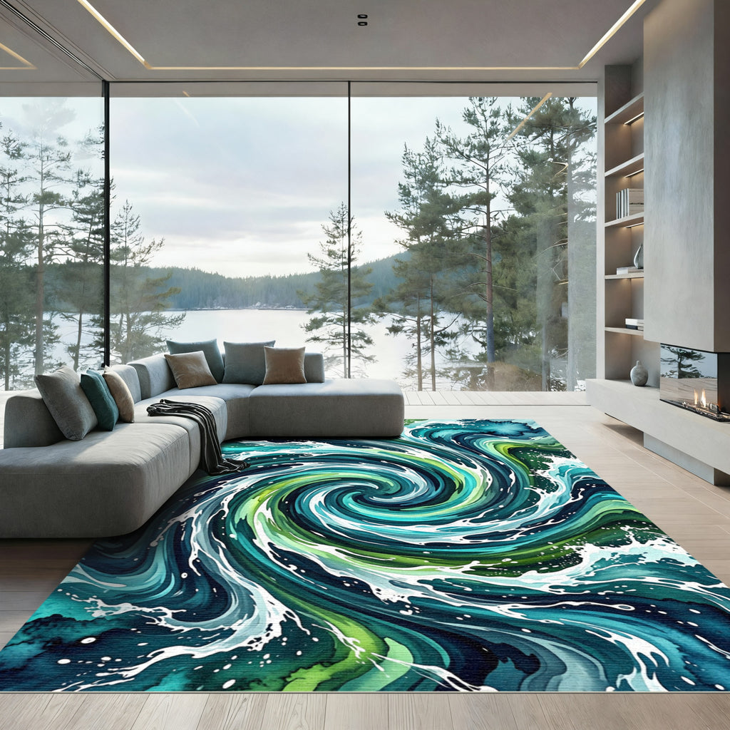 Abstract Teal and Emerald Ocean Swirl Rug