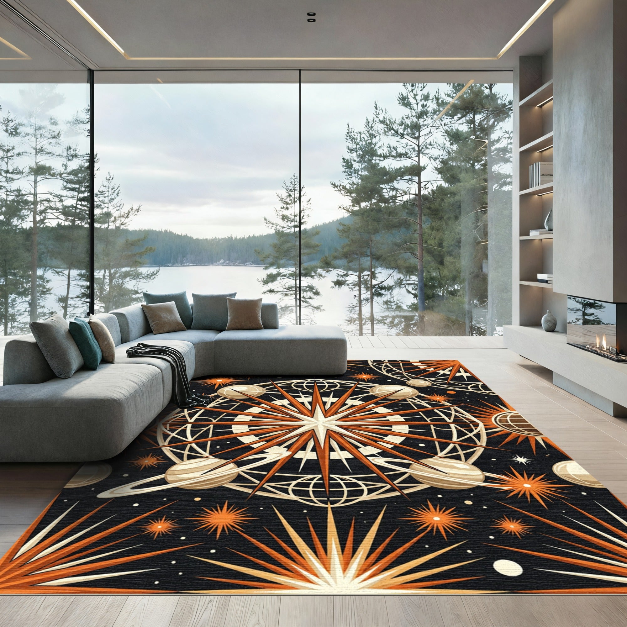 Celestial Orange Starry Globe Art Rug