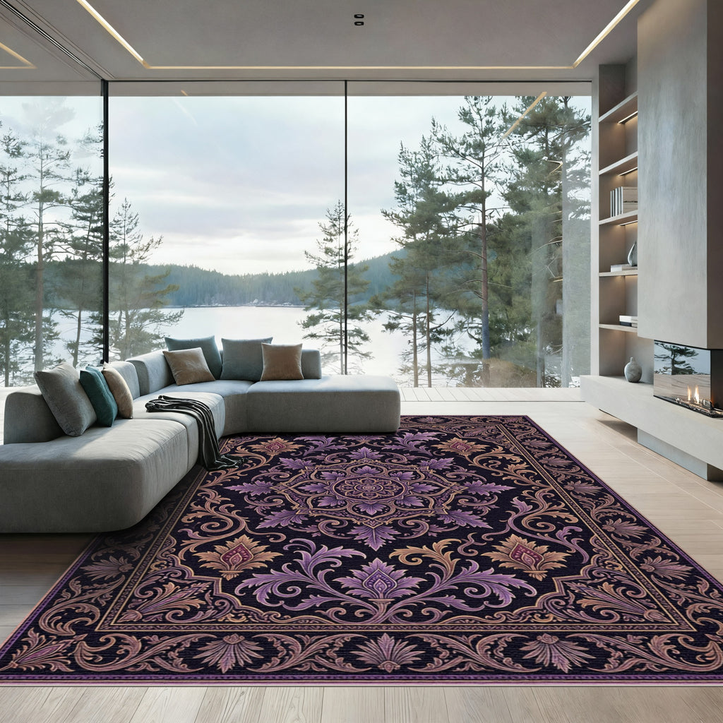 Opulent Plum Floral Damask Medallion Rug