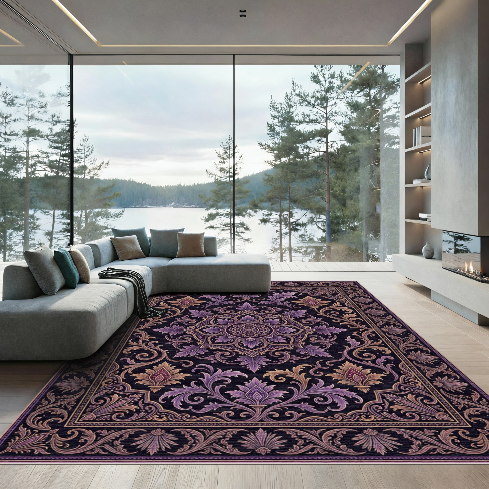 Opulent Plum Floral Damask Medallion Rug