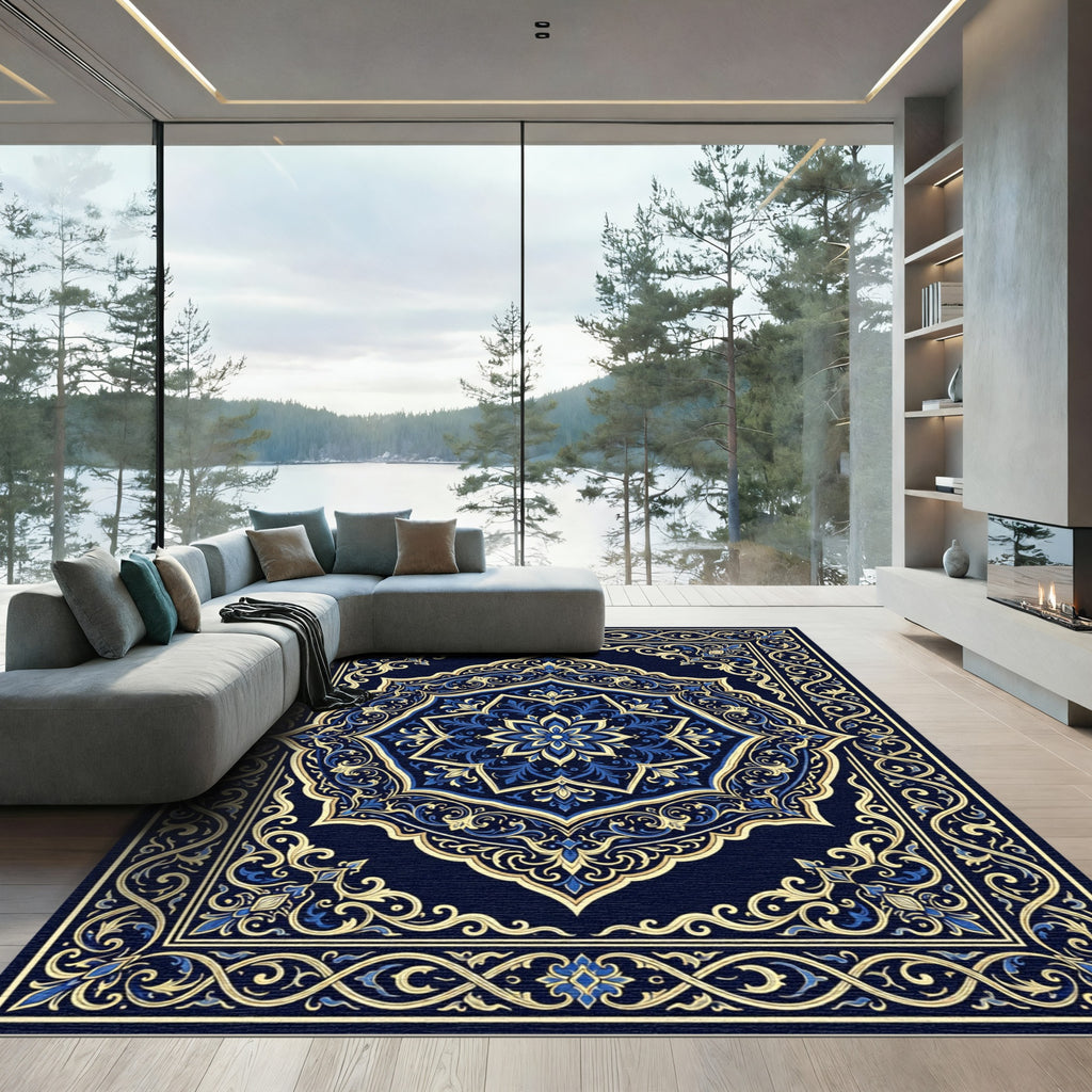 Majestic Blue Gold Medallion Floral Borders Rug