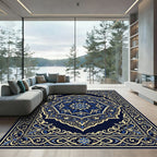Majestic Blue Gold Medallion Floral Borders Rug